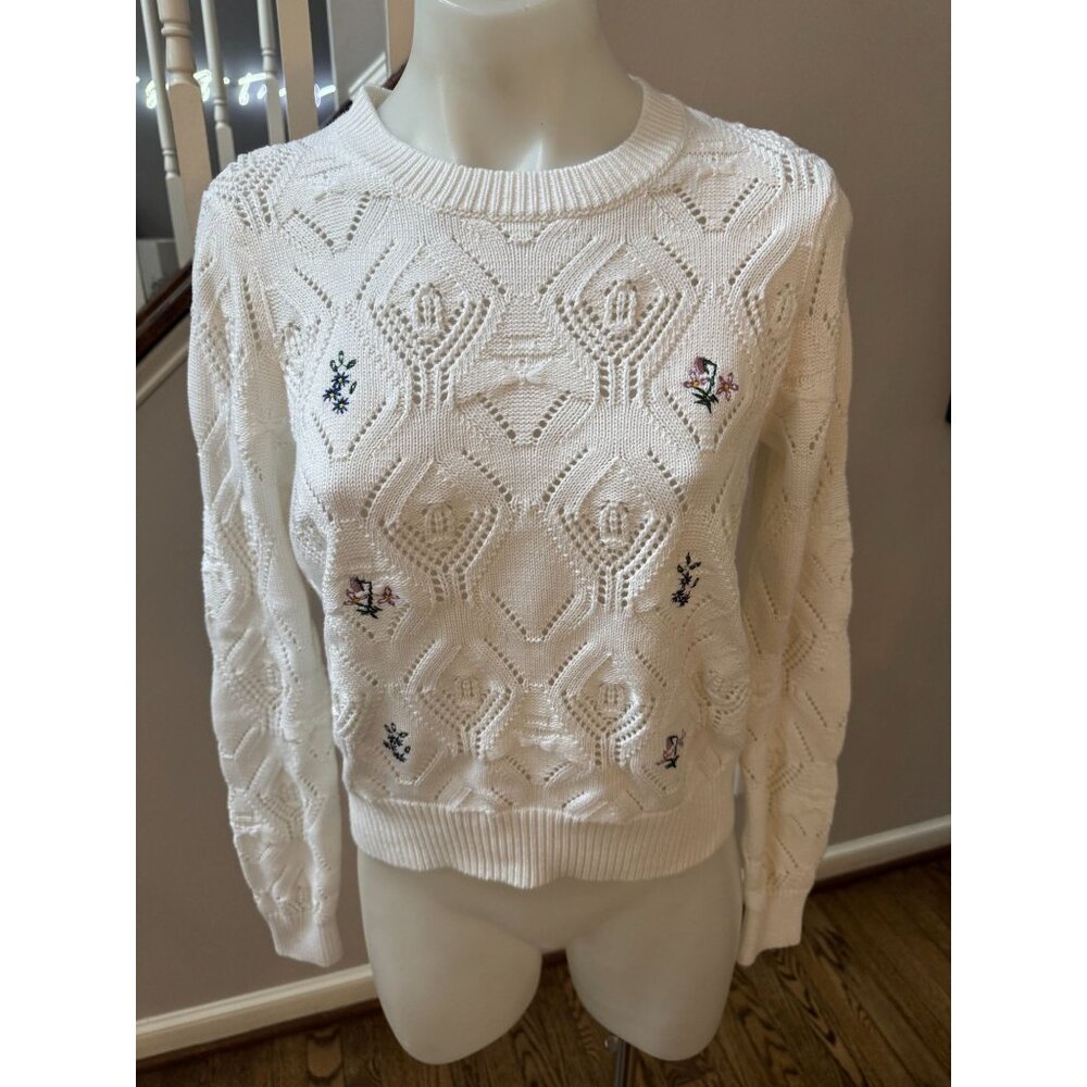 Autumn Cashmere Cotton Pointelle Floral Embroidered Knit Sweater White XS - Picture 1 of 2